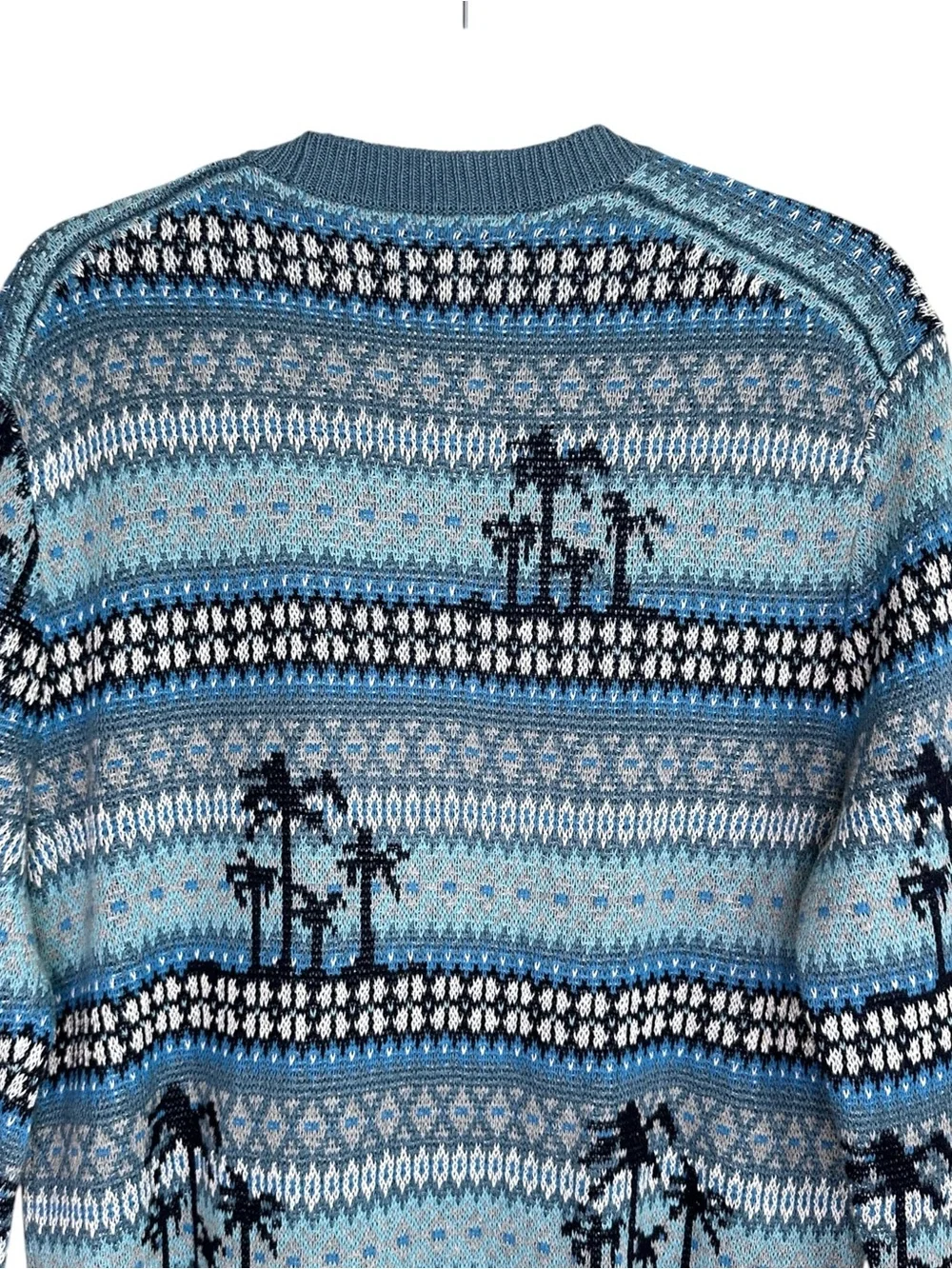 J. CREW Palm Tree Fair Isle Cardigan Blue Linen Cotton Coastal Beach Knit Size M